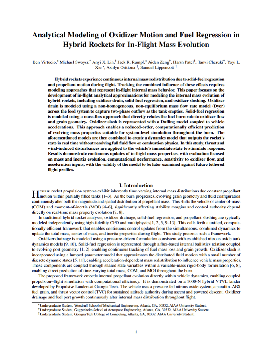 AIAA paper — Analytical Modeling of Oxidizer Motion and Fuel Regression in Hybrid Rockets for In-Flight Mass Evolution
